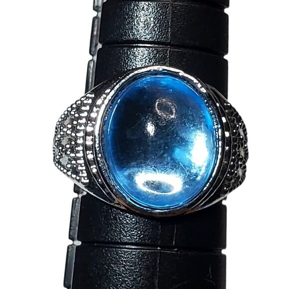 Silver Tone Ring Sz 5 Unsigned Light Blue Cabochon - Picture 1 of 5